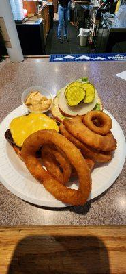 1/4 pounder with cheese and beer battered onion rings.