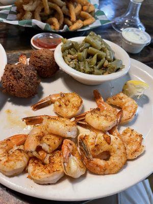 Grilled shrimp, green beans and hush puppies