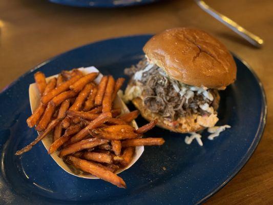 Pimento Pork Stacker with sweet potato fries