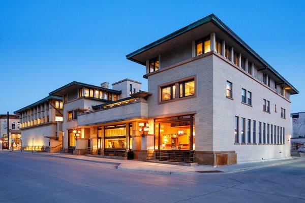 The historic Park Inn Hotel is the only operating Frank Lloyd Wright hotel in the world. This is its facade.