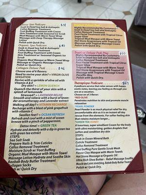 Pedicure menu