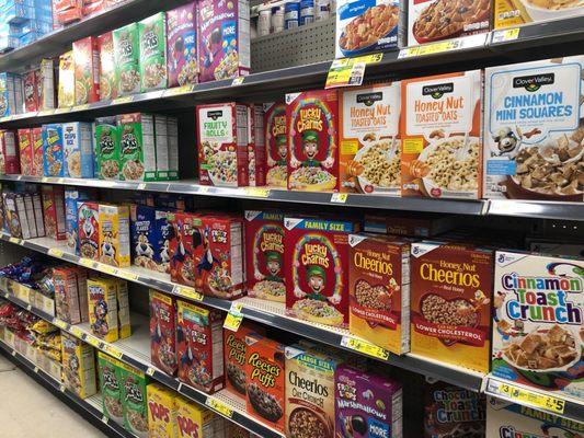 All kinds of cereal at reasonable prices.