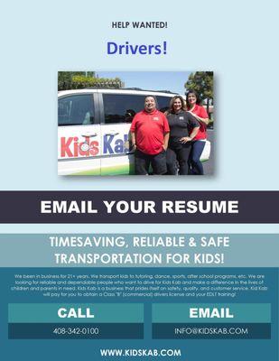 We are looking for drivers! Must pass a background check and driving history report.