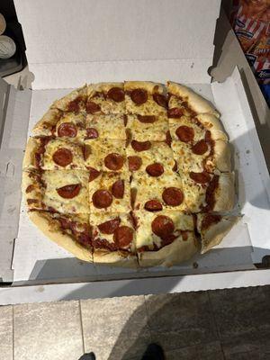 Large double crust pepperoni pizza