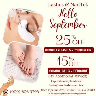 Enjoy your day and saving money with our combo pedicure + extension nail gel X, eyebrows tint and eyelashes at Lashes and Nail Tek