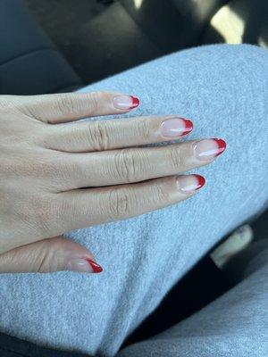 Base (clear dipping), french tip with red gel polish.