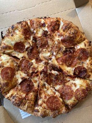 Pepperoni and bacon with Asiago cheese.