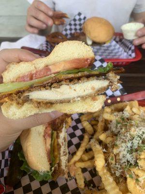 Crispy chicken burger with garlic fries. So good!