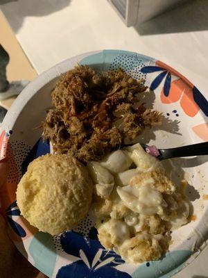 Pulled pork, cornbread, and White Cheddar Mac N Cheese