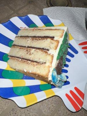 Coconut cake with chocolate ganache and buttercream frosting.