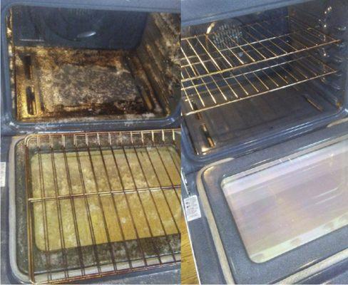 Before/after of oven cleaning, which can be added to our Cincinnati-area maid service.