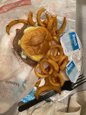 Roast beef and cheddar and curly fries. Add