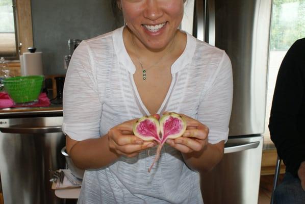 Watermelon radish to make pickles at a cooking class