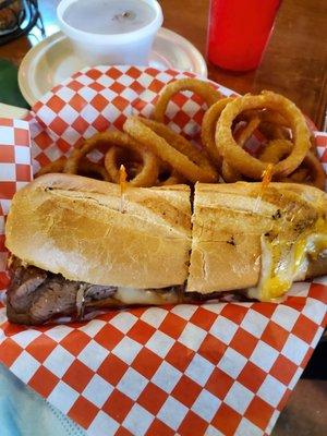 Au jus roast beef sandwich with pepper jack cheese.