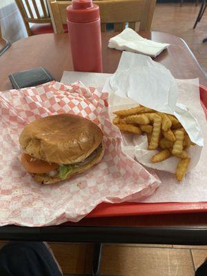 Delicious Old Fashioned Cheese Burger with Fry's! Fresh tomatoes,pickles, onions & lettuce