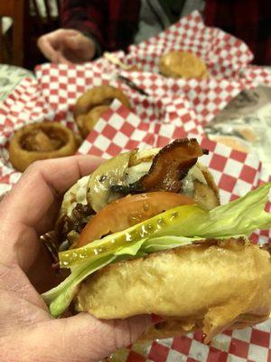 Tiny burger. The meat patty was nothing special