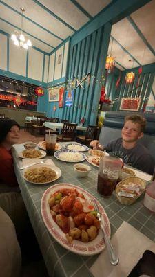 Sweet and Sour Pork, Ham Fried Rice, Egg Drop Soup, French Fried Shimp, Orange Beef.