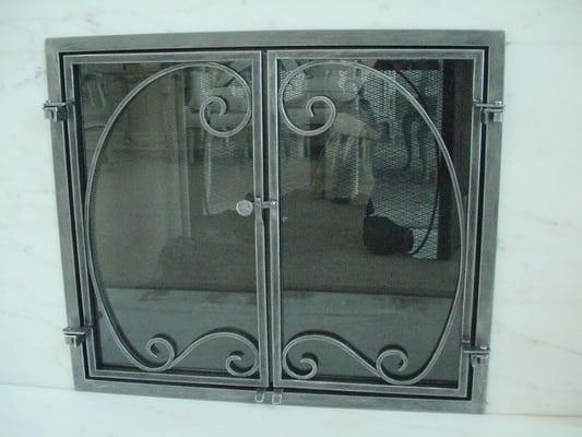 custom built fireplace doors: glass doors, pewter finish, design 1.2