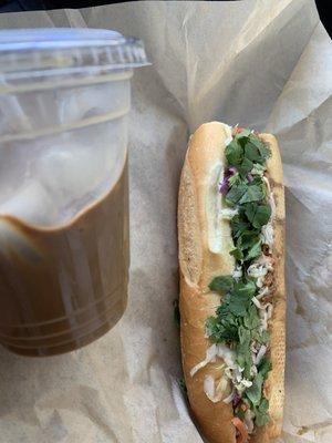 iced coffee and Pork Banh Mi