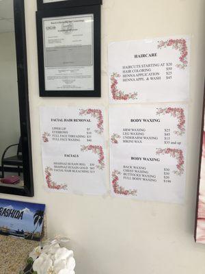 Price list / menu of services