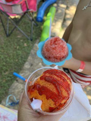 Mangonada (medium) and medium Tiger Blood sno-cone.