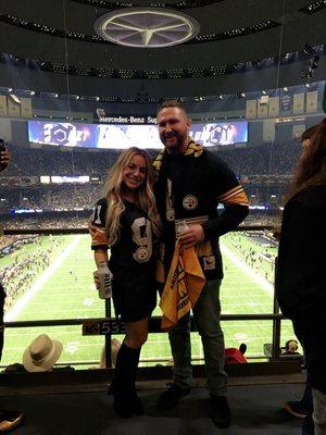 Custom throwback Steelers jersey he made into a dress for the saints vs Steelers game!!