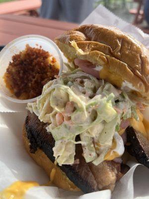 Brisket Cole Slaw - 4 oz Mac And Cheese Topped with Bacon