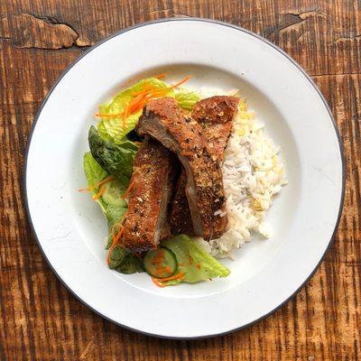 July 30th: Pork Ribs. Green Salad with Grated Carrot, Cucumber & Miso Vinaigrette. Ginger Jasmine Rice.