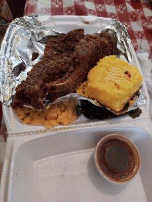 Fried Ribs, cornbread, collard greens, macaroni and cheese