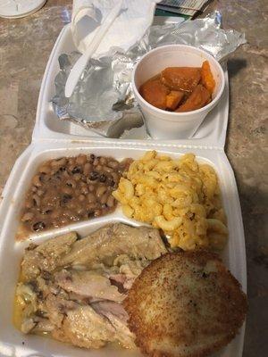 Turkey Wings, mac and cheese , black eye peas and candy yams