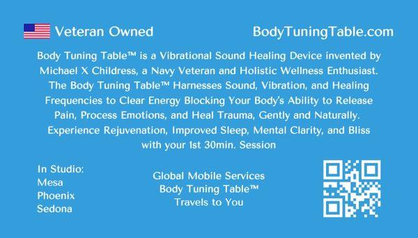 #BodyTuningTable Vibrational Sound Healing Location information.
#Phoenix #Mesa #Sedona #Arizona #Mobile