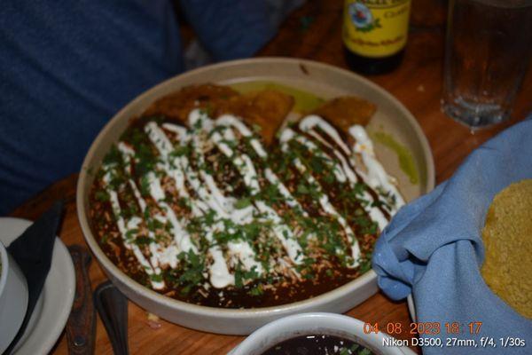 Chicken enchiladas with 3 different, out of this world, moles.