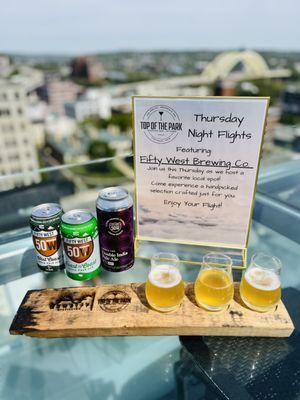 Every Thursday, Top of the Park hosts a local distillery/brewery and offers a special flight option. Guests also enjoy a special on sliders