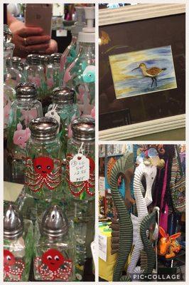 Beautiful Watercolors, hand painted S&P shakers and carved Seahorses.