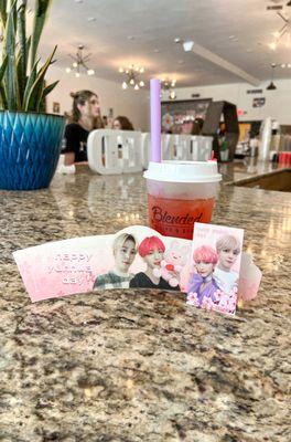 When you buy a drink you get a free cup sleeve and a photo card!