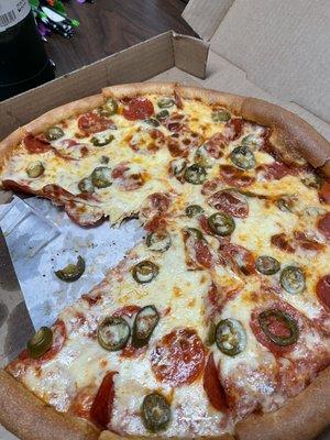 Pepperoni and jalapeño pizza