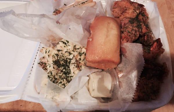 Take Out: Catfish & Shrimp Combo w/a side of potato salad and cornbread. This was EXTREMELY Tasty & well seasoned. I Loved It!