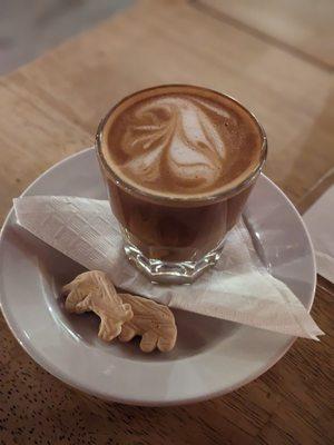 Cortado with an extra shot of expresso, oat milk, and animal crackers.