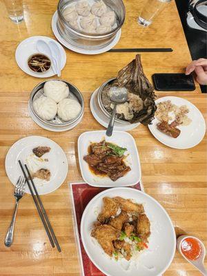 Pepper wings, pork and crab Crab & Pork Soup Dumpling, Sticky Rice Wrapped in Banana Leafrice, Honey Vinegar Spare Ribs