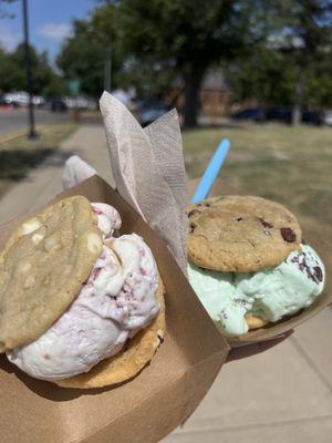 Macadamia cookie ice cream sandwich and chocolate chip cookie ice cream sandwich