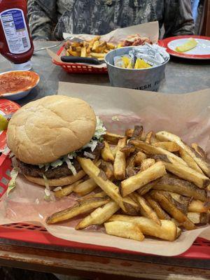 Hamburger and fresh cut fries