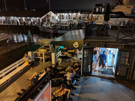 Hanging out at The Coffee Grinder on the waterfront after sunset