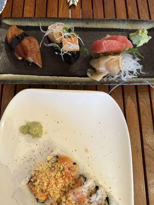 Eel sushi piece, monk fish liver sushi piece and 2 toro sashimi pieces