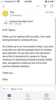 Dr. Sapire responded to this email as if it was an attack on him. His bizarre response was very disturbing.