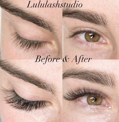 This is a photo of a before  lash extensions and after having a natural volume set 3 to 4 volume  of lash extensions applied.