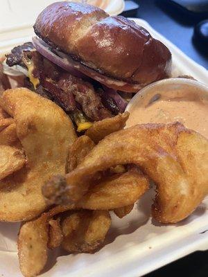 Peanut butter burger, sidewinder fries and house sauce