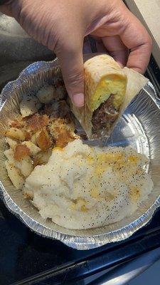 McNulty's hash wrap, home fries and grits