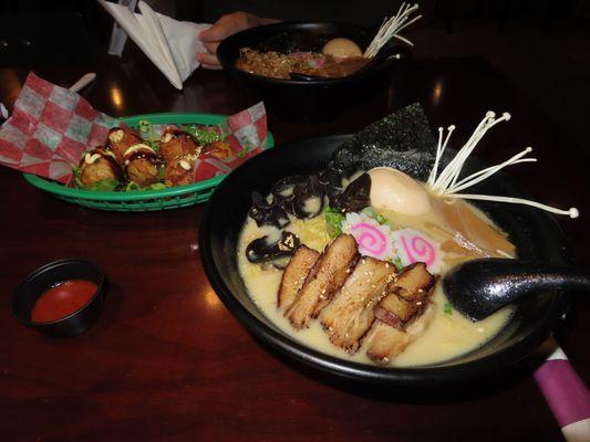 Original Tonkotsu (bottom), takoyaki (middle), and Spicy Tonkotsu (top)