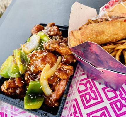 Sesame Chicken with noodles and chicken egg roll