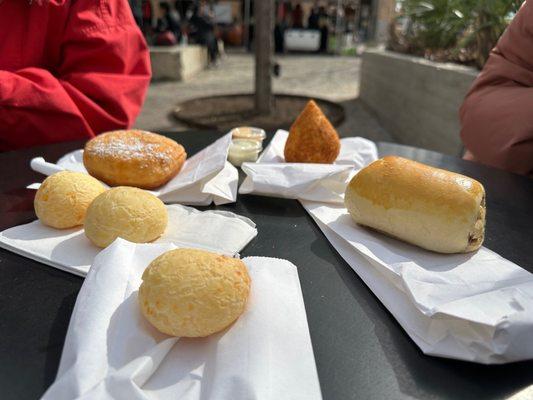 LR: Cheese bread, donut, chicken croquette, cheese sausage bread